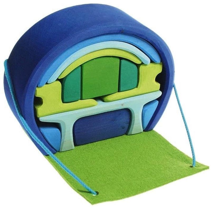 Casita de juego portátil verde azul de Grimm's en Libélula Azul