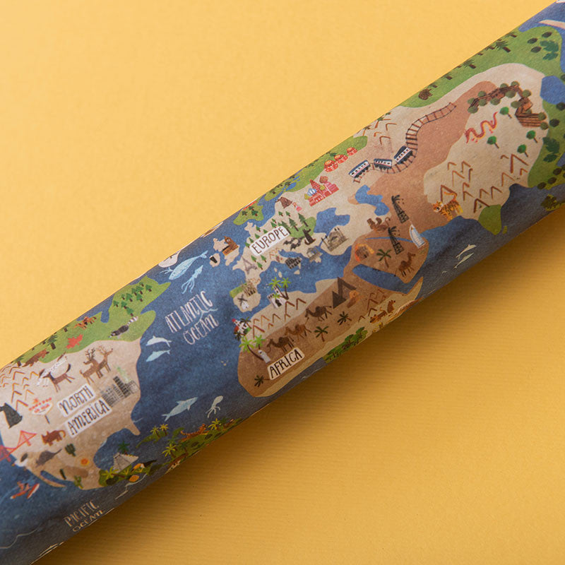 Detalle del mapa ilustrado del caleidoscopio World de Londji sobre fondo amarillo