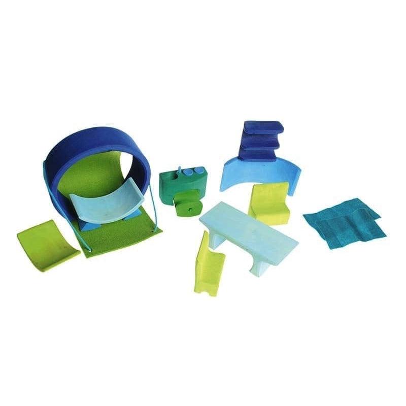 Casita de juego portátil verde azul de Grimm&#39;s en Libélula Azul