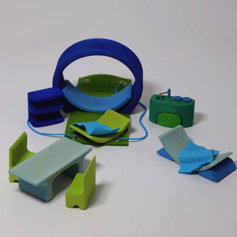 Casita de juego portátil verde azul de Grimm's en Libélula Azul