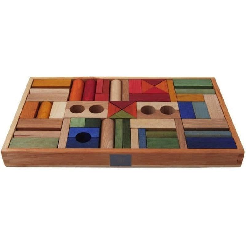 Bloques arcoiris en caja 54 piezas de Wooden Story en Libélula Azul