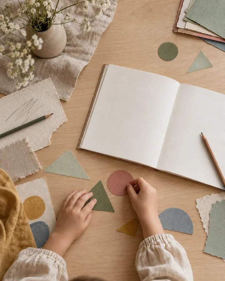 Manos creando con papel junto a un cuaderno abierto